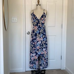 Blue Floral Print Wrap Midi Dress